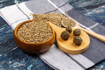 Vegan homemade dish with hemp and seeds on a black background. vegetarian healthy food.