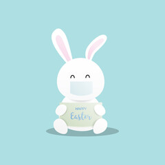 Cute rabbit wearing facemask on blue background