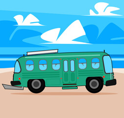 Vintage van parked on the beach. Vector illustration for summer travel. Flat design