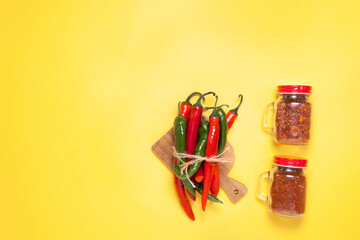 Red Chili Peppers. Green, Peppers. Copy space for your text. Flat lay, top view. kitchen herbs