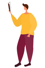 The character is standing and holding a book in his hand held high. A man in a yellow sweatshirt is reading a book. Vector isolated flat.