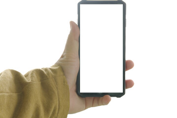 Fototapeta na wymiar The left hand holding a smartphone on a white background
