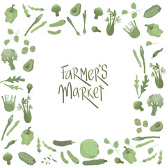 Farmers market handwritten sign with flat green vegetables set in boho colors. No pattern. Vector stock illustration isolated on white background for packaging design, price list. EPS10