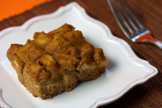 Fluffy Pumpkin Bourbon Bread Pudding. Gourmet Dessert. Vegetarian And Vegan Cuisine. 