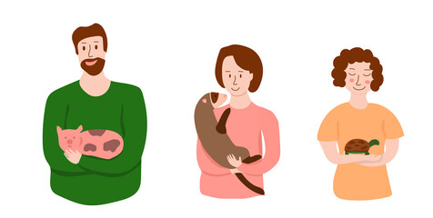 Pretty illustration with happy pet owners. Man with pig, woman with ferret and woman with tortoise. Pretty illustration for banners, web-sites, flyers, stickers, etc