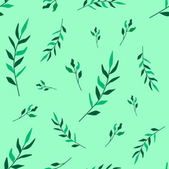 Green twigs on pastel green hand drawn seamless vector pattern design EPS10