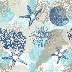 Gordijnen Cute seamless pattern with algae, corals and seashells. © vyazovskaya