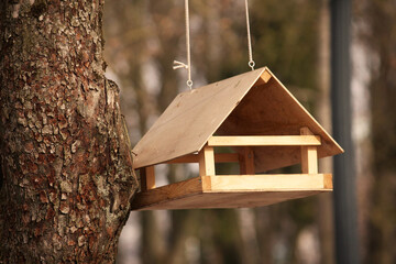 handmade small wooden bird house in the forest on the tree for feeding wild birds