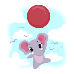 Vector Illustration of an Elephant Holding a Balloon Flying above the Clouds