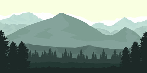 landscape mountain with forest sillhouette in the morning vector illustration good for background vector template, backdrop design, tourism travel design, and adventure design wallpaper