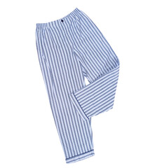 Striped pajama pants of blue color from isolated on white, top view. Sleep pants close up