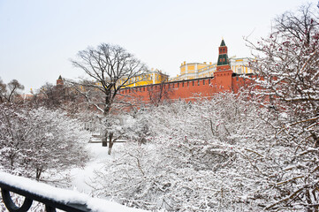 Alexander Garden (Aleksandrovsky Sad). Winter day after snowfall. Moscow. Russia