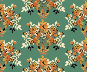 Flower bouquets on a green background. Seamless vector pattern for wallpaper and fabric