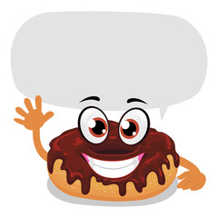 Vector Illustration of a Chocolate Bagel or Doughnut Mascot waving his Hand with Speech Bubble
