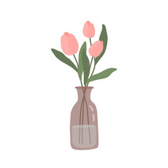 Bouquet of pink tulips in glass vase. Vector illustration isolated on white background