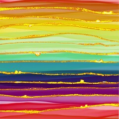 Rainbow line abstract luxury composition Inkscapes. Watercolour landscape, texture, Alcohol ink, Fluid chaos, art, kintsugi style and liquid and watercolor gold flow drop - 420073908