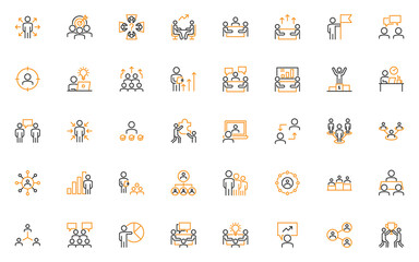 set of business people thin line icons, meeting, team, mangement, human resource