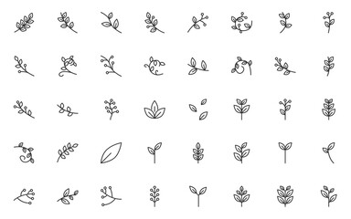 set of spring thin line icons, leaf, plants
