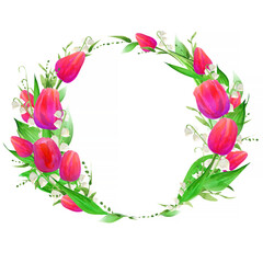 Wreath of Tulips, Lilies of the valley. Frame. Design element. Greeting card. Invitation. Watercolor.