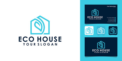 Natural house logo with leaves and abstract house design template and business card