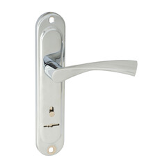 Glossy spiral door handle on a plank, silver color with a keyhole for a lever key on a white background