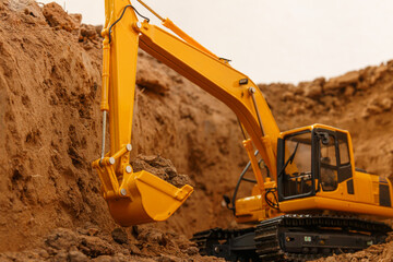 Selective focus ,bucket of excavators are digging the soil in the construction site with  on white background