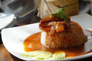 Soft Focus Barbecued red pork in sauce with rice blur background