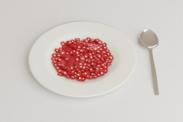 Dish full of heart icons next to a spoon on a white background. Social media addiction concept. 3d illustration.