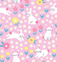 Seamless pattern with cute rabbits on a floral background. Colorful vector illustration in trendy hand-drawn style. Swatch is included.