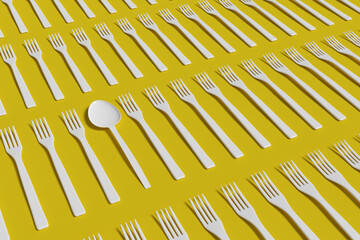 A spoon among a pile of forks on a yellow background. 3d illustration.