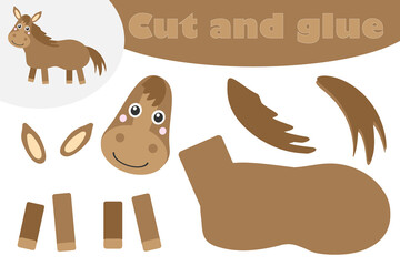 Horse in cartoon style, education game for the development of preschool children, use scissors and glue to create the applique, cut parts of the image and glue on the paper, illustration