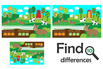 Find 10 differences, game for children, farm animals and garden cartoon, education game for kids, preschool worksheet activity, task for the development of logical thinking, illustration - 420078554