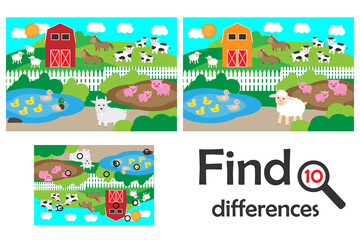 Find 10 differences, game for children, farm with animals cartoon, education game for kids, preschool worksheet activity, task for the development of logical thinking, illustration