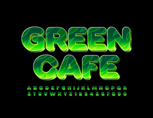 Vector modern logo Green Cafe. Leaves pattern Font. Creative set of Alphabet Letters and Numbers set