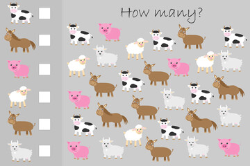 How many counting game,farm animals for kids, educational maths task for the development of logical thinking, preschool worksheet activity, count and write the result, illustration
