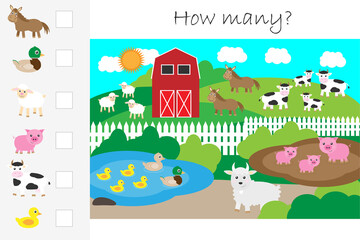 How many counting game, farm with animals for kids, educational maths task for the development of logical thinking, preschool worksheet activity, count and write the result, illustration - 420078779