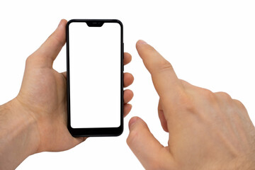 Male hands holding a black blank smartphone screen with a modern frameless design-isolated on a white background