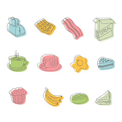Set of breakfast menu icons. Perfect for design element of restaurant, healthy food, and healthy breakfast habit campaign.  Hand drawn breakfast icon collection.