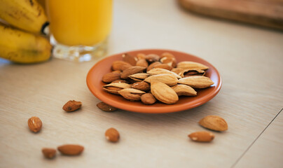 Fresh and ripe fruits composition on the table in the domestic kitchen