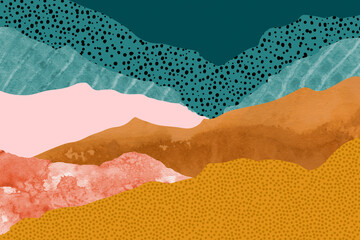 Abstract landscape with torn deckled paper edges in earthy colors. Mountains and fields. Collage Art with dot texture.