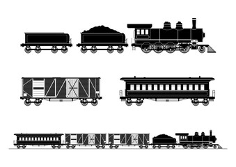 Vintage locomotive silhouette with railroad cars. Steam locomotive, passenger car, freight car. Side view. Flat vector.