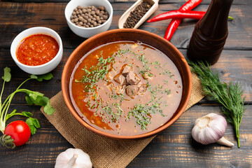 Traditional Caucasian soup Kharcho with meat and spice