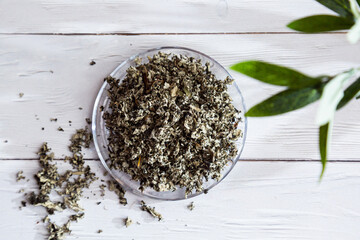 Fermented tea made from raspberry leaves in a glass plate on a white wooden table. Composition with...