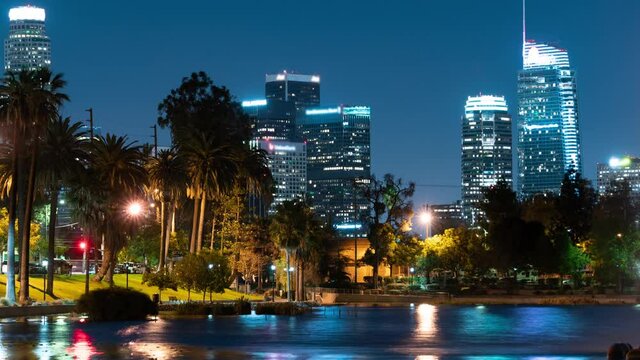 Los Angeles Downtown Skyscrapers from Echo Park Lake R Night Time Lapse California USA