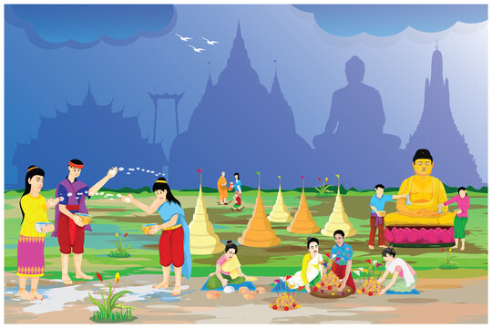 people make beautiful sand pagoda in temple on Songkran festival ,Merit making traditions vector design