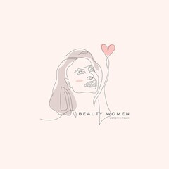 Beauty Women continuous line icon logo design vector. Cute women, monoline icon logo vector illustration template