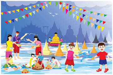 Obraz na płótnie Canvas people make beautiful sand pagoda in temple on Songkran festival ,Merit making traditions vector design