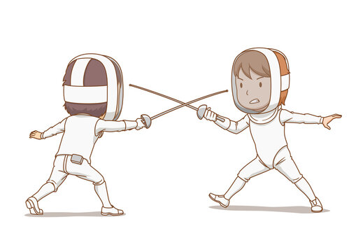 Cartoon illustration of fencing athletes.