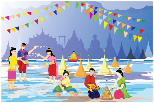 people make beautiful sand pagoda in temple on Songkran festival ,Merit making traditions vector design