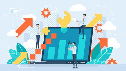 Team. Illustration people are building a business on the internet. Laptop screen with a website. Teamwork, promotion of business online, the takeoff rating of the work, ideas 